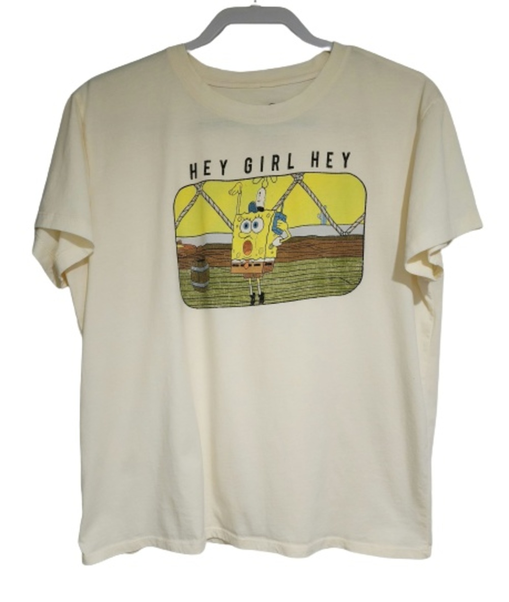 SpongeBob Graphic "Hey Girl Hey" Short Sleeve T-Shirt Ivory Cotton Size XL